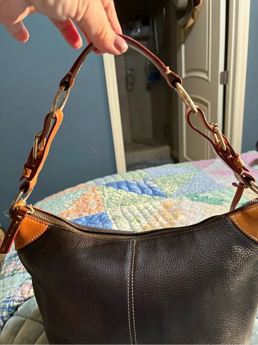 Dooney & Bourke Dark Brown Leather Cosmetic Pouch with Tan Trim